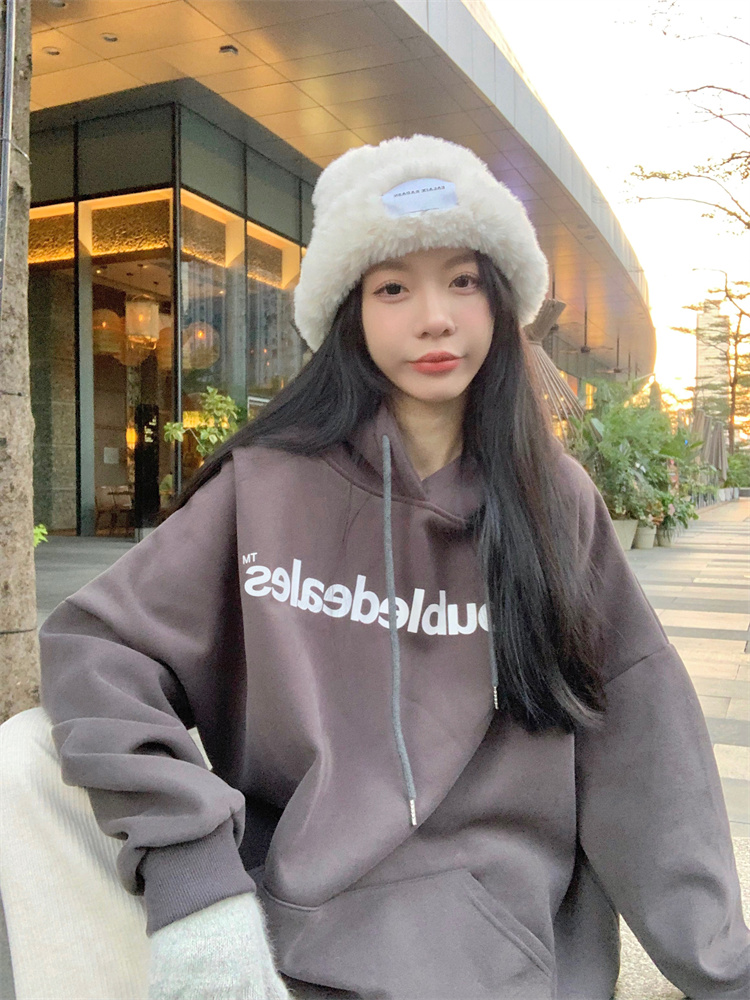 實拍 秋冬季新款慵懶風寬鬆印花字母加絨加厚套頭連帽衛衣