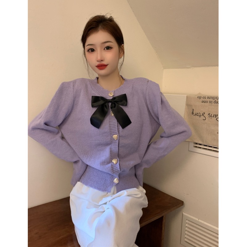 秋冬季加厚甜美蝴蝶結針織開衫愛心扣小香風小個子法式毛衣外套女