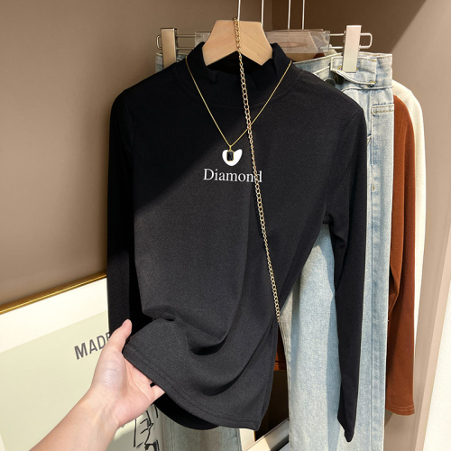 Real shot of half turtleneck double-sided German velvet bottoming shirt for women in autumn and winter, long-sleeved T-shirt plus velvet thickened top