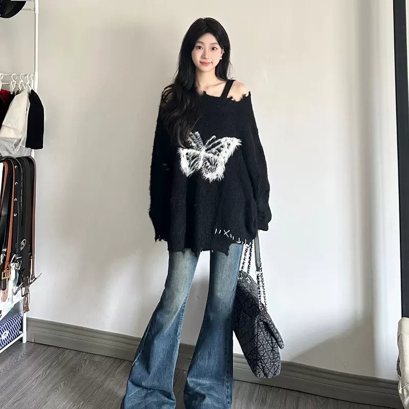 蝴蝶結設計感露肩毛衣長袖外套女小眾初戀系甜美加厚針織衫上衣潮