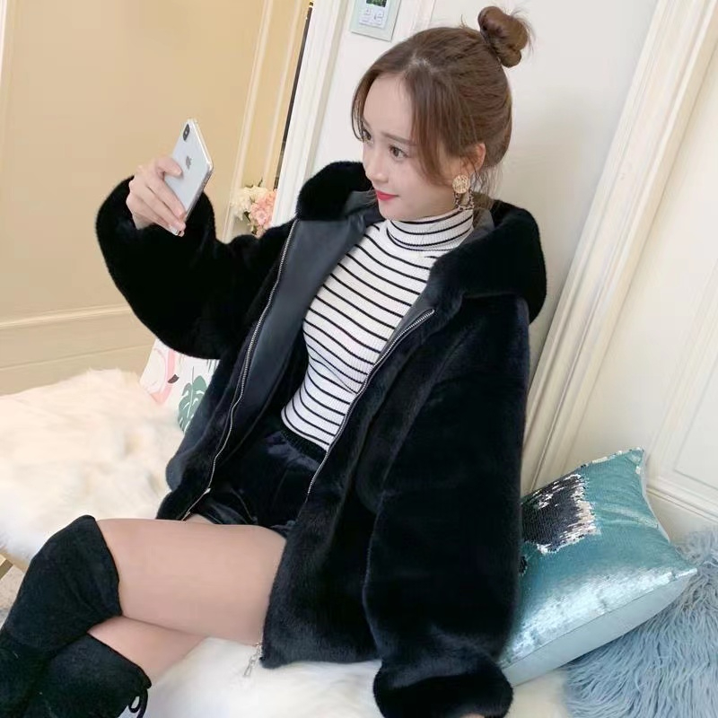 皮草外套女2023新款秋冬裝加厚連帽仿兔水貂毛絨絨寬鬆短款外套女