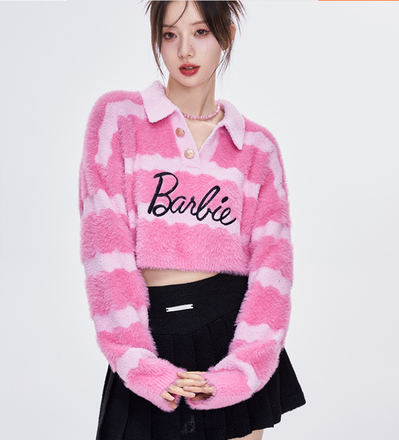 underpassX芭比barbie聯名款仿貂毛polo條紋毛衫