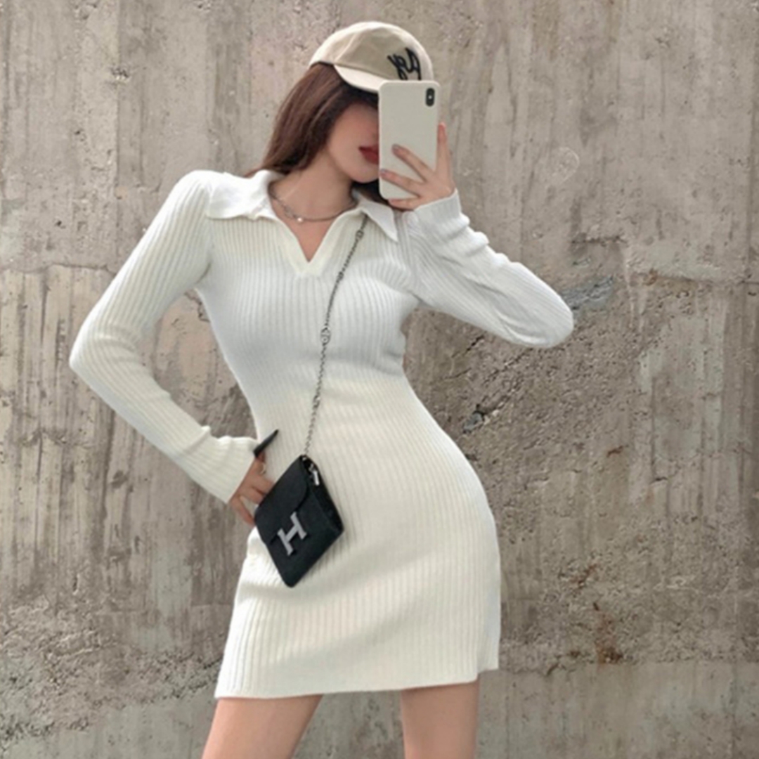 2023 autumn and winter hot girl polo collar knitted dress women's bottoming waist tight slimming hip-hugging sweater skirt