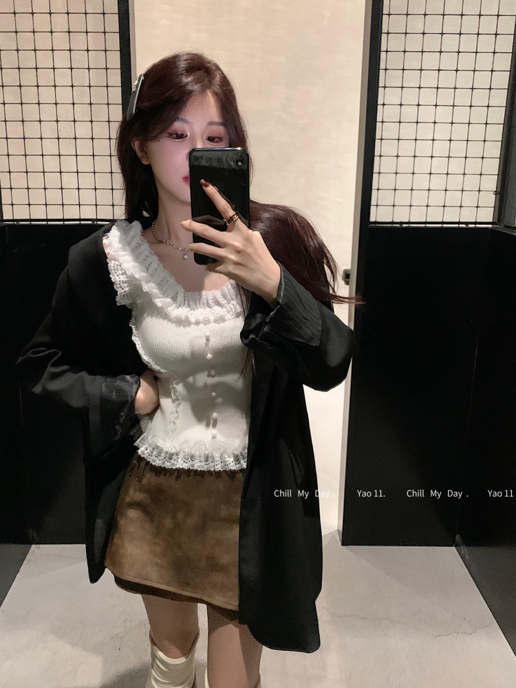 實拍 甜辣妹蕾絲加厚針織吊帶背心女內搭外穿