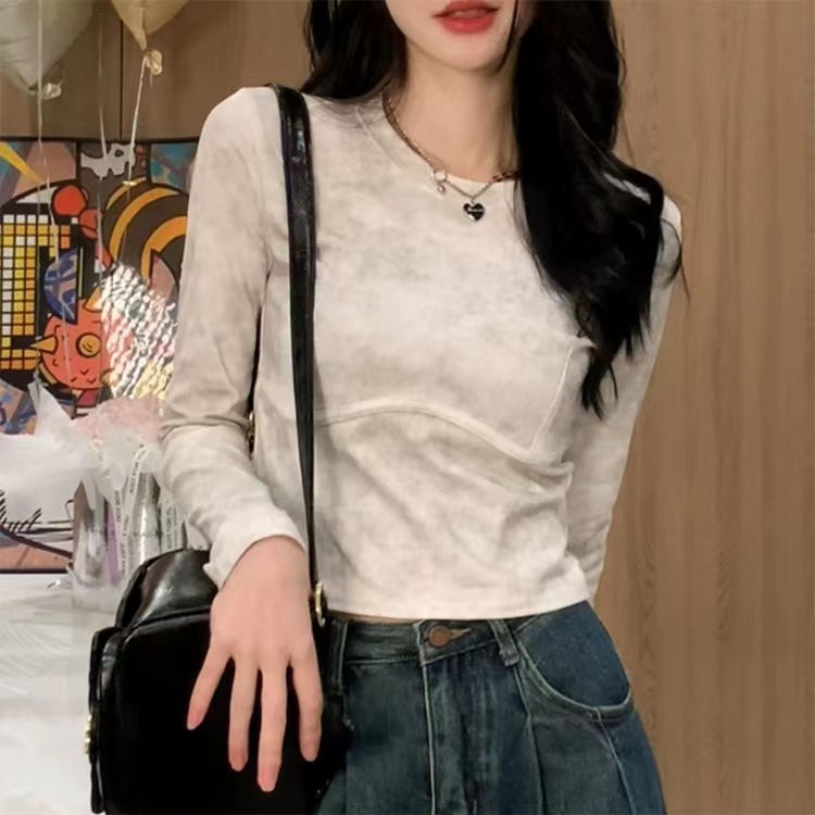 New European and American style tie-dye short high-waisted T-shirt long-sleeved women's round neck slim-fitting bottoming shirt with pullover