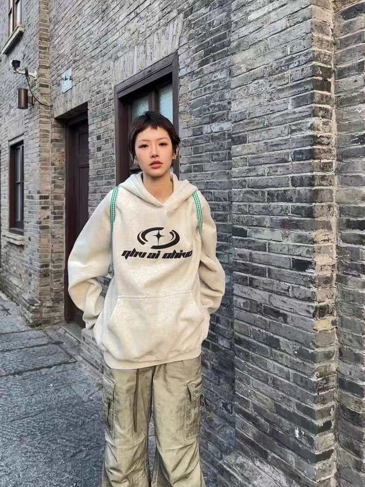 國潮牌重磅美式復古連帽衛衣女2023新款秋冬加絨加厚oversize外套