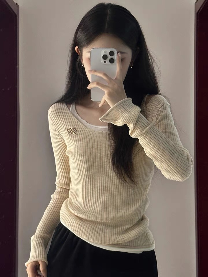 秋季設計感假兩件顯瘦長袖女上衣毛衣復古套頭打底衫外穿