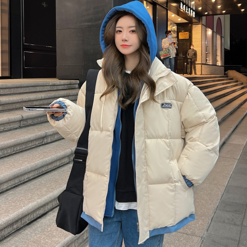 实拍学院风新款羽绒服女短款面包服韩版假两件卫衣帽休闲宽松外套