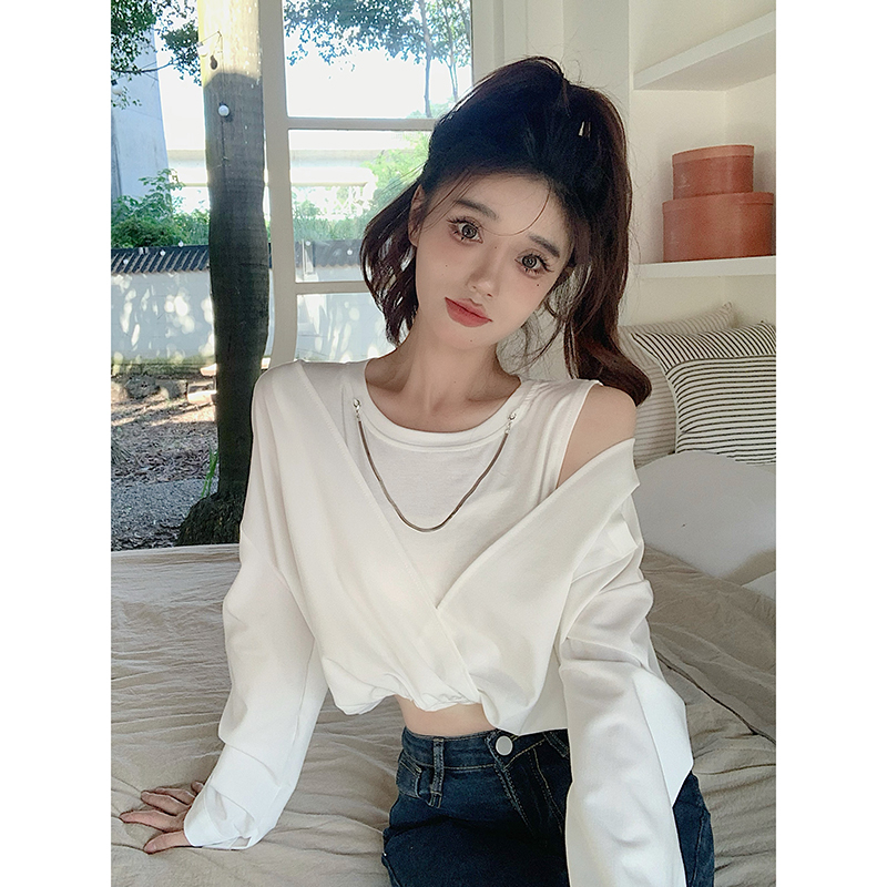 設計感撞色拼接假兩件上衣女小個子短款顯瘦圓領t恤