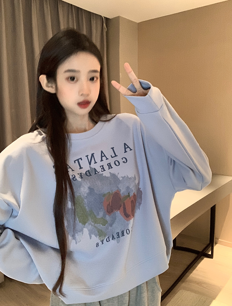 本店原創！實拍~朱地印花短款秋季圓領衛衣潮上衣