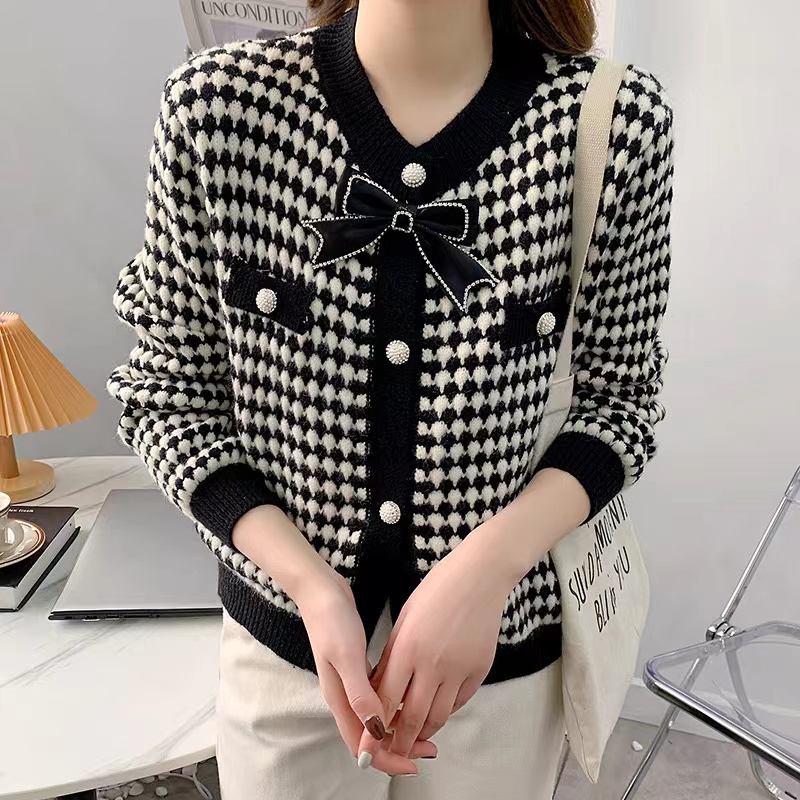小香風毛衣女新款秋洋氣千鳥格外套蝴蝶結短款針織開衫