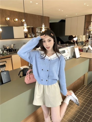 Real shot of French retro double-breasted lace spliced ​​sweater jacket