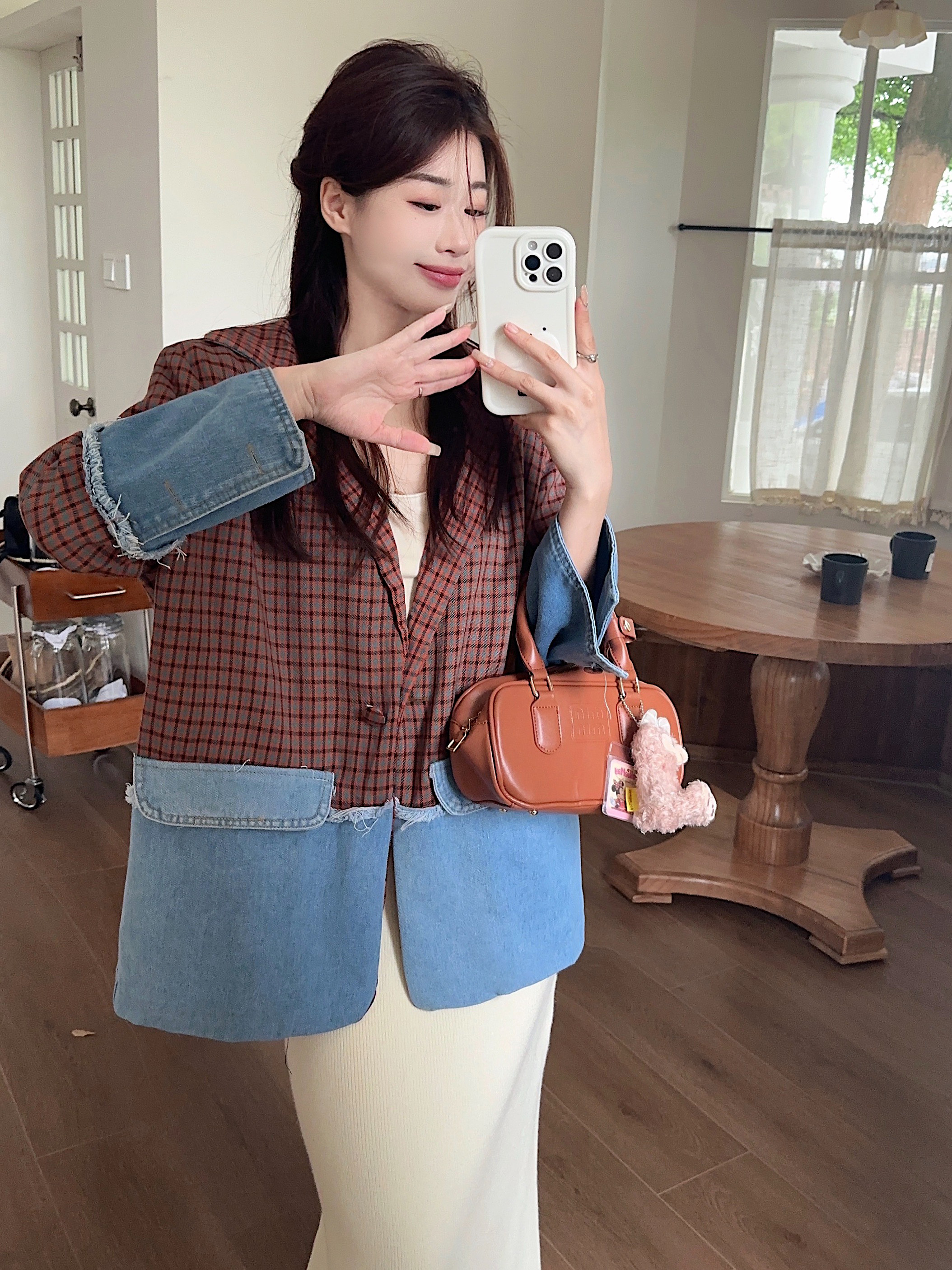 實拍！格子拼接牛仔西裝女外套春秋新款復古韓版小眾設計西服
