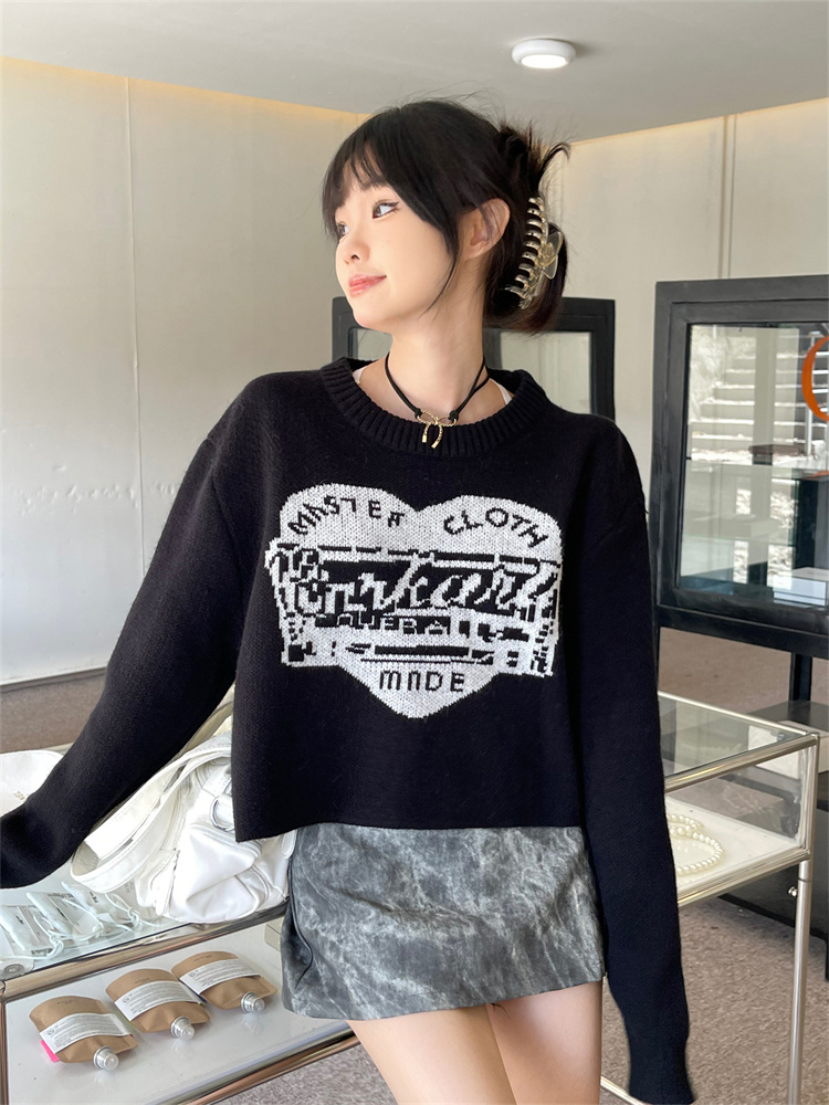 實拍秋冬短款寬鬆毛衣女韓版辣妹時髦提花愛心加厚針織衫