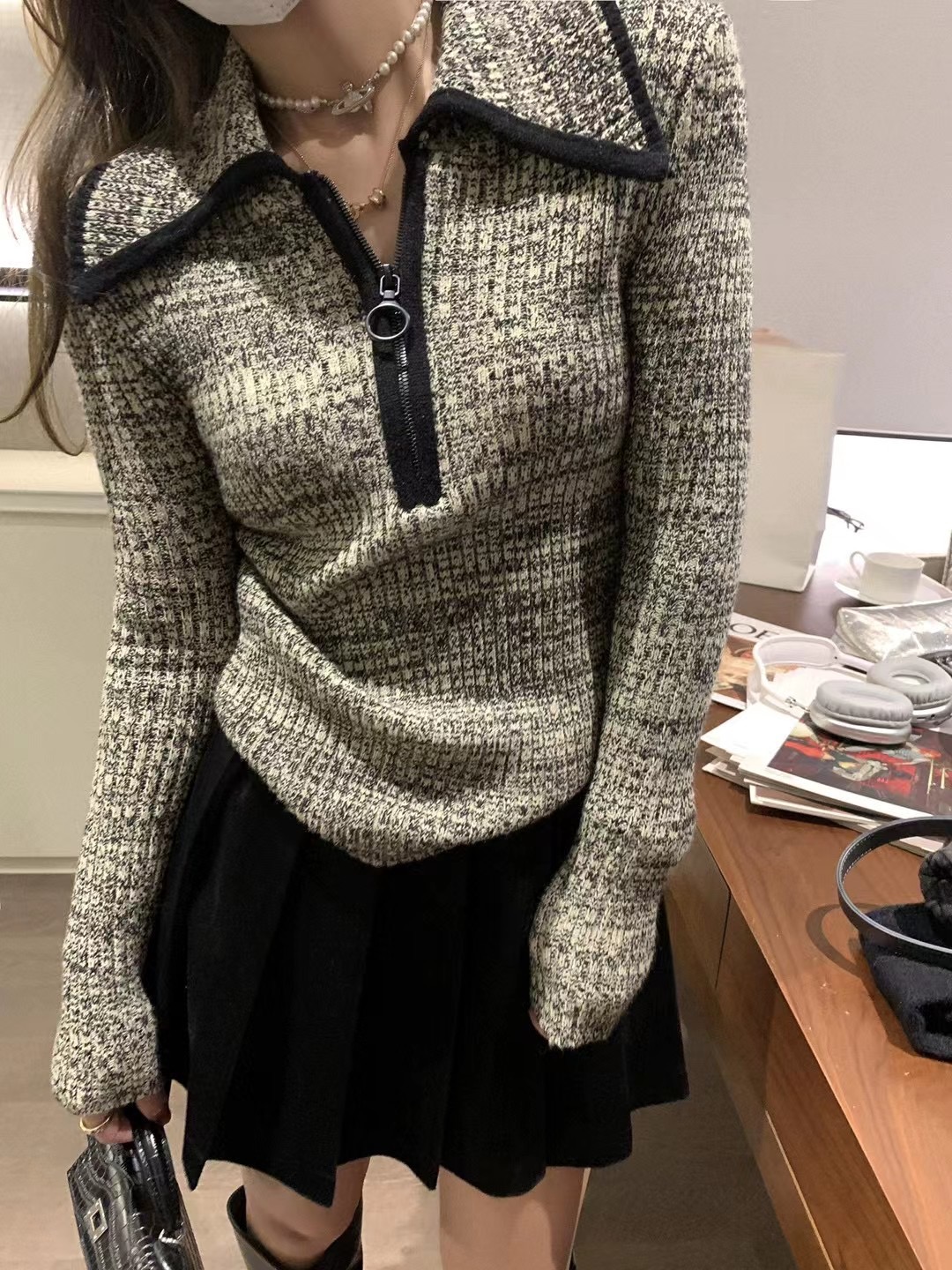 紅人館拉鏈毛衣女秋冬2023新款加厚內搭打底灰色高級感針織衫