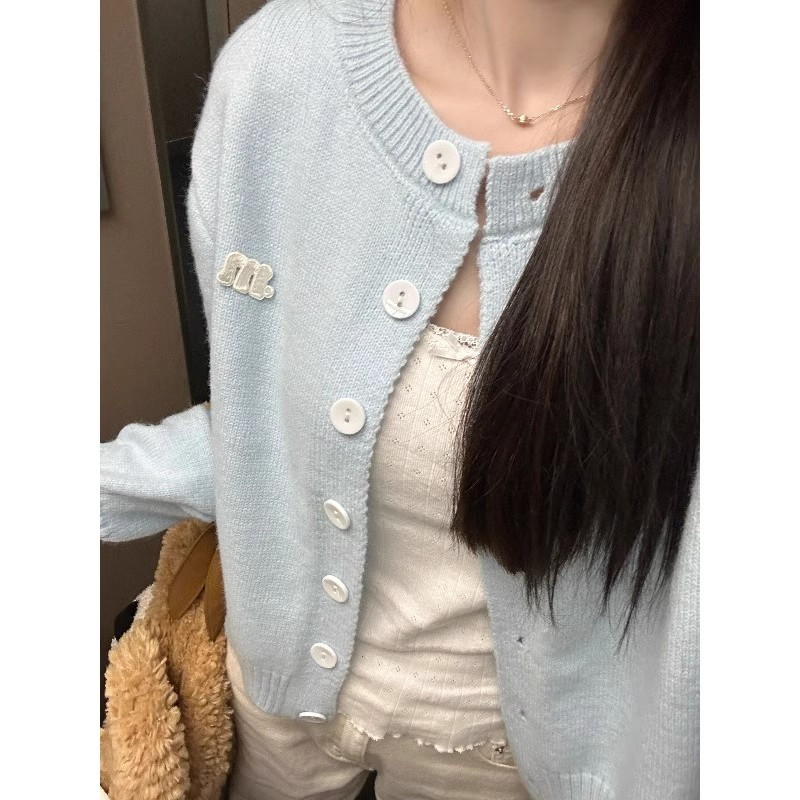 奶fufu軟糯慵懶風藍色毛衣外套女秋冬超好看韓版寬鬆針織開衫上衣