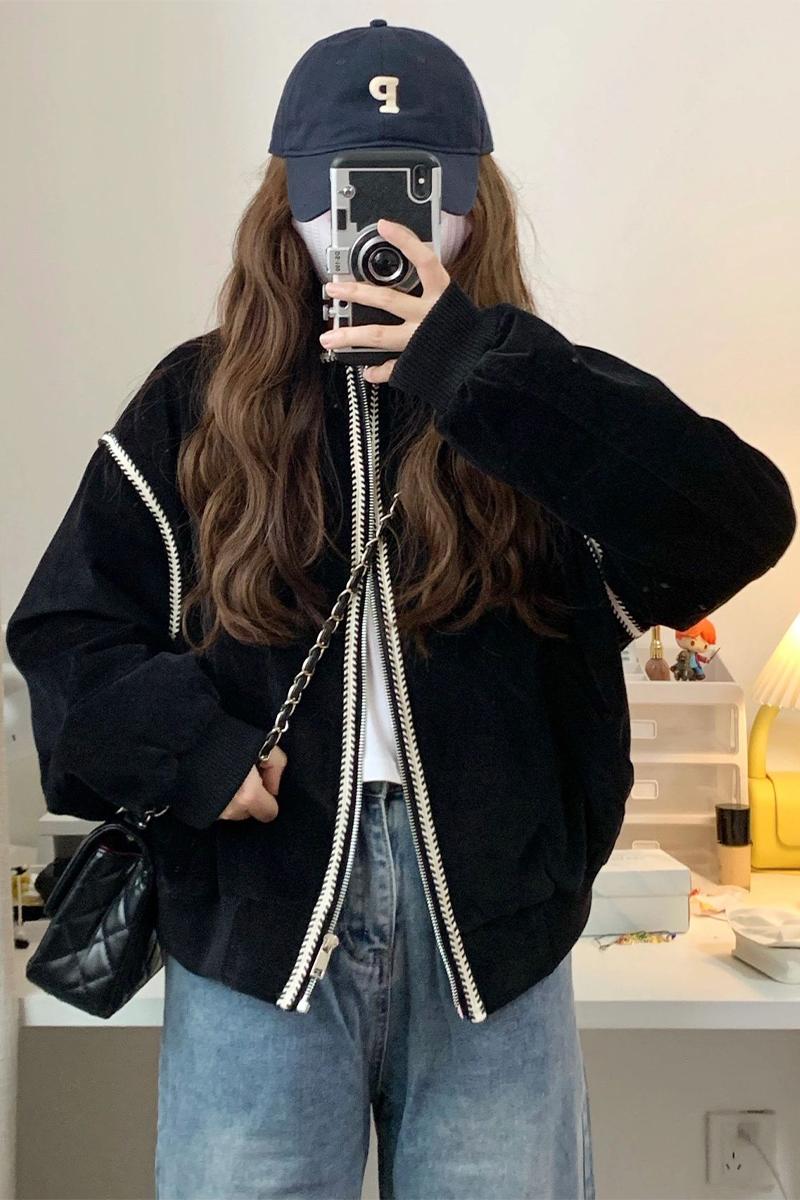 高品質秋裝韓國麂皮絨小香風棒球服女寬鬆夾克拉鏈開衫外套女