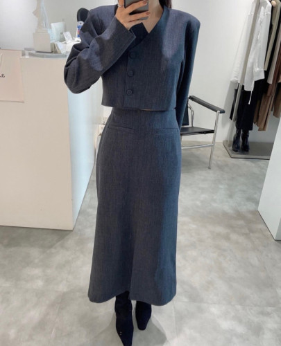 韩国chic秋冬法式设计感V领西装外套+高腰长裙套装