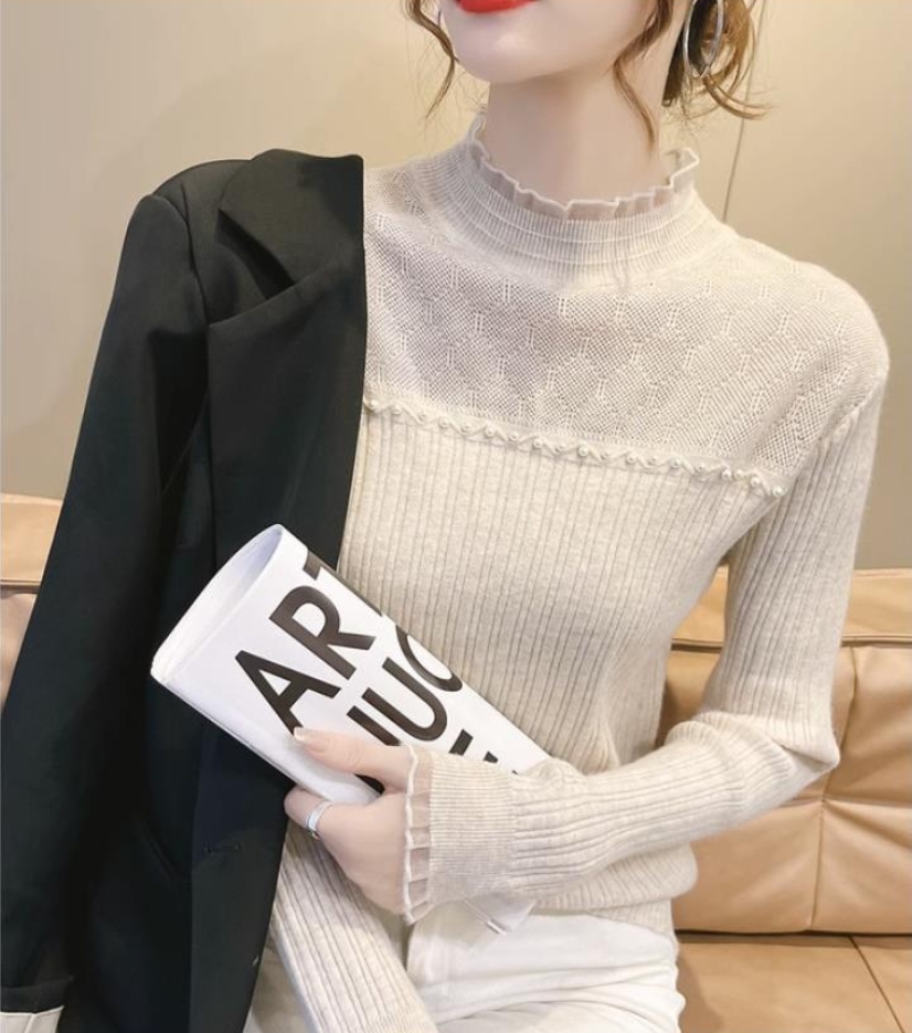 半高領打底衫2023新款女秋冬內搭氣質毛衣修身木耳邊針織衫上衣