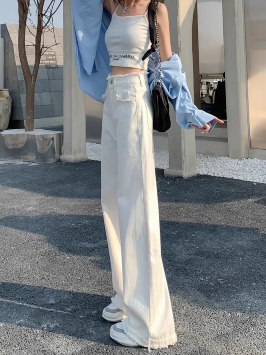 白色高腰毛邊直筒牛仔褲女2023年春秋新款設計感小眾闊腿拖地褲子