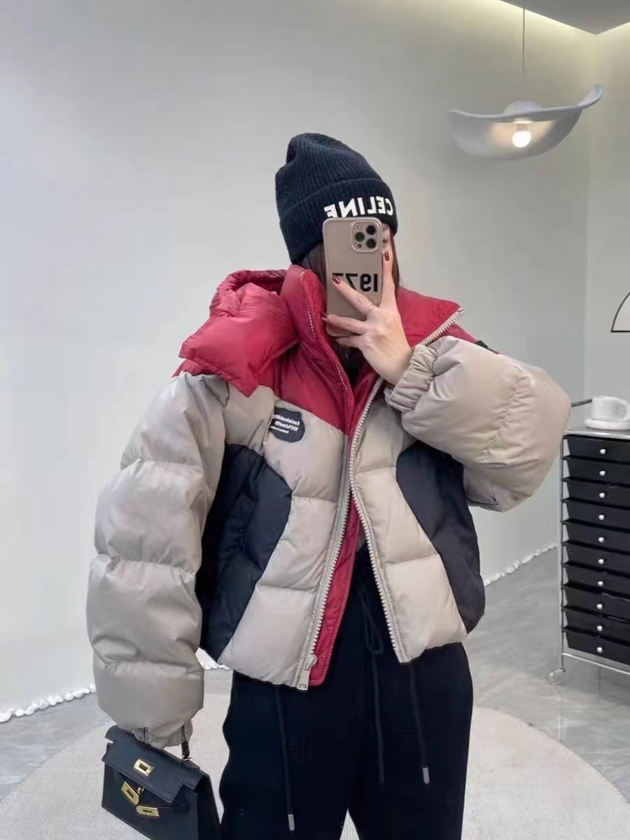 歐貨撞色立領連帽羽絨棉服女短款2023冬季新款設計感小個子麵包服
