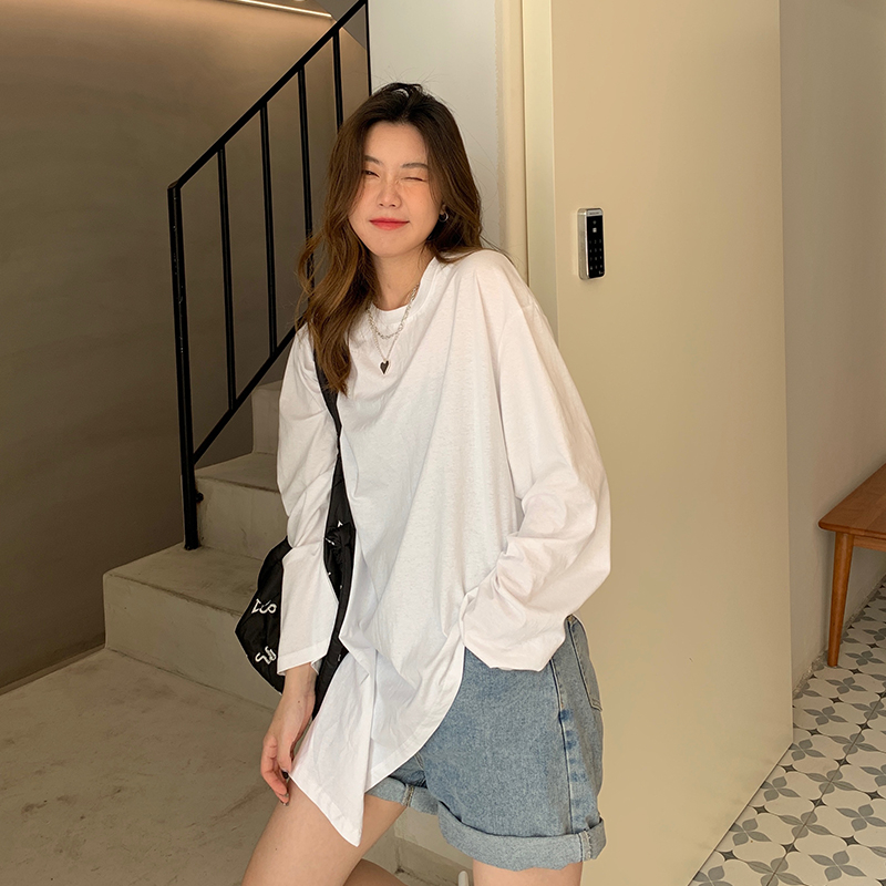 實拍白色T恤女秋季韓版寬鬆中長款不規則小眾百搭長袖上衣服