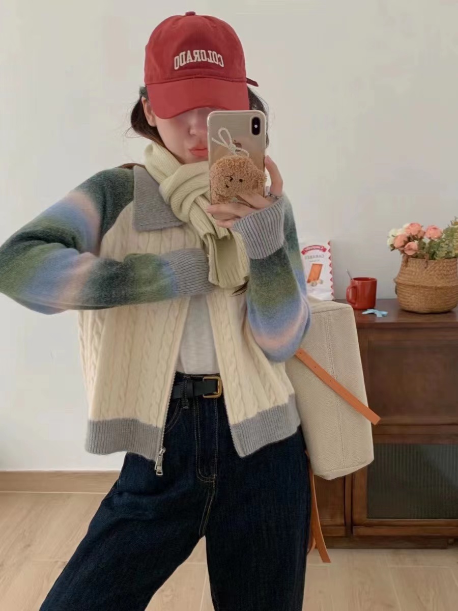 polo領短款毛衣開衫女新款拉鏈針織衫小個子女裝設計感上衣外套潮