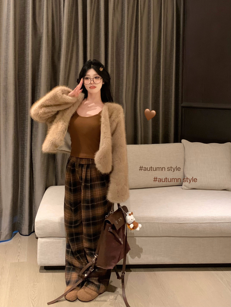實拍 溫柔慵懶風皮草外套女顯瘦短款毛毛大衣休閒羊絨闊腿褲