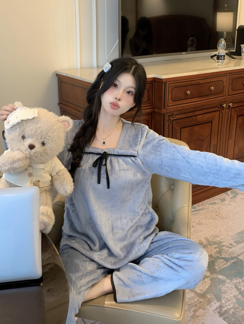 實拍 秋冬珊瑚絨加絨加厚保暖甜美法蘭絨簡約純色家居服套裝
