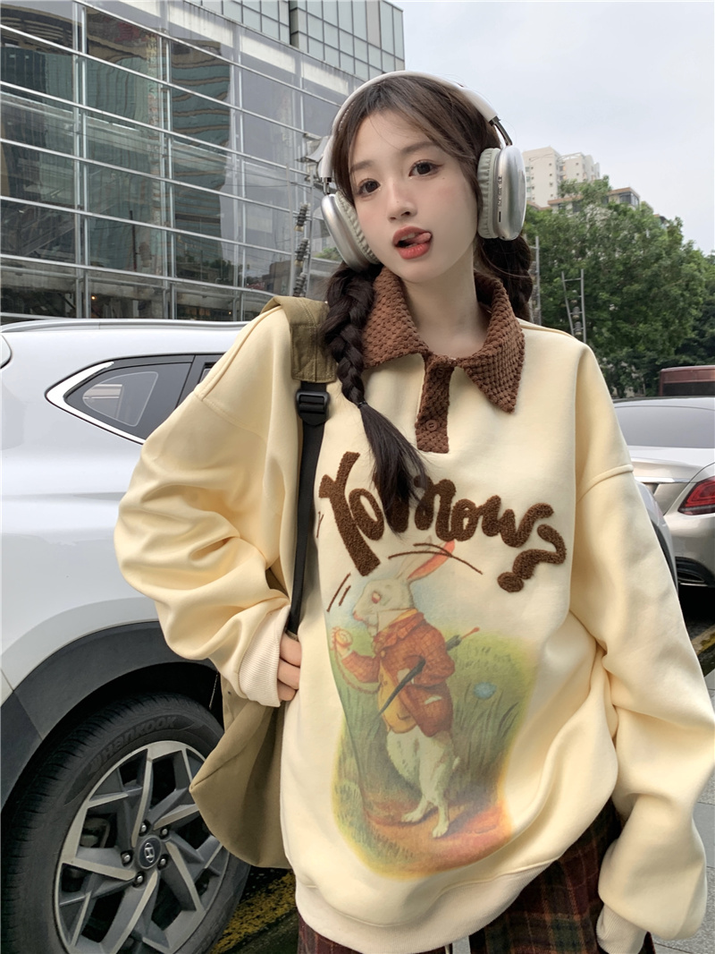 秋季2023新款韓版寬鬆顯瘦兔子印花polo領刺繡長袖衛衣女美式上衣