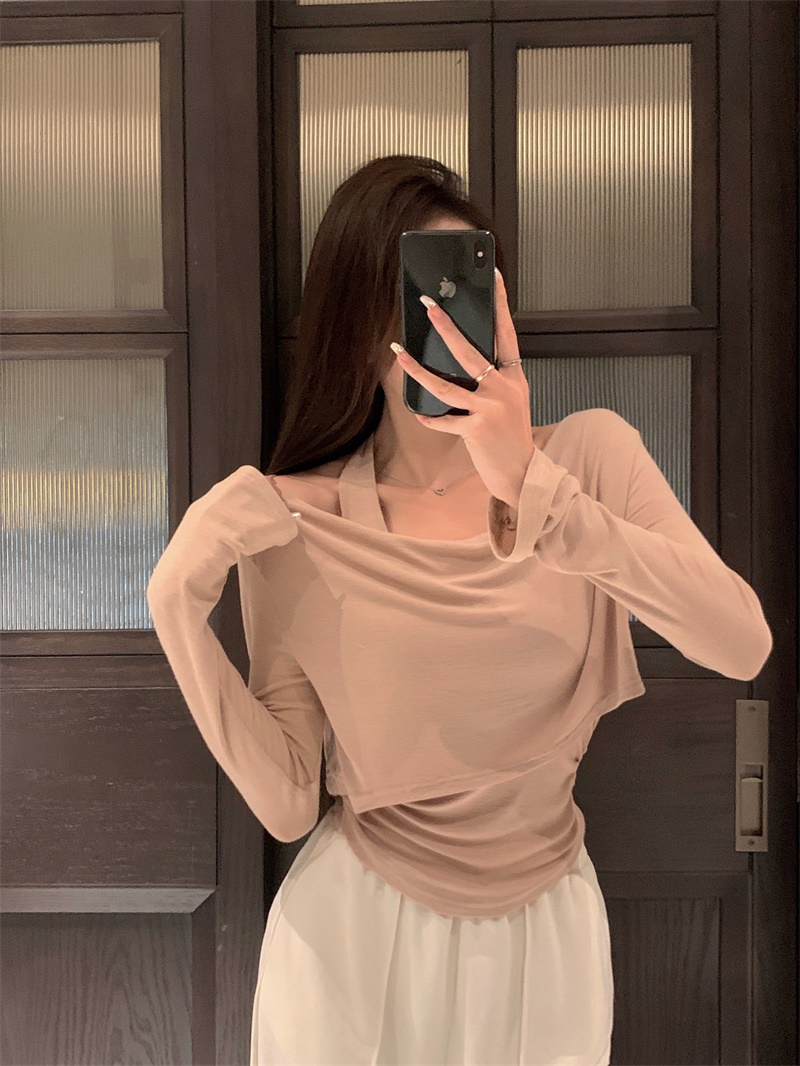 實拍  甜辣妹一字肩長袖掛脖T女裝性感露肩修身打底兩件套