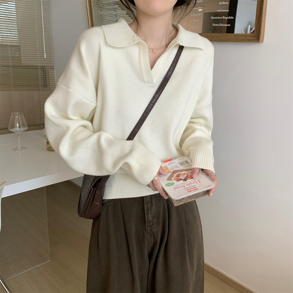 實拍 秋冬韓版寬鬆百搭polo領純色安迪絨內搭針織打底女毛衣