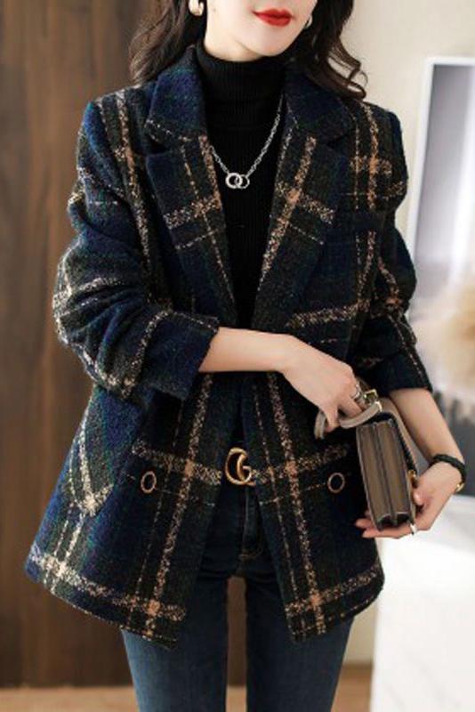 2023 Autumn and Winter New Fashion Korean Style Loose Slim Retro Plaid Splicing Versatile Suit Collar Woolen Jacket for Women