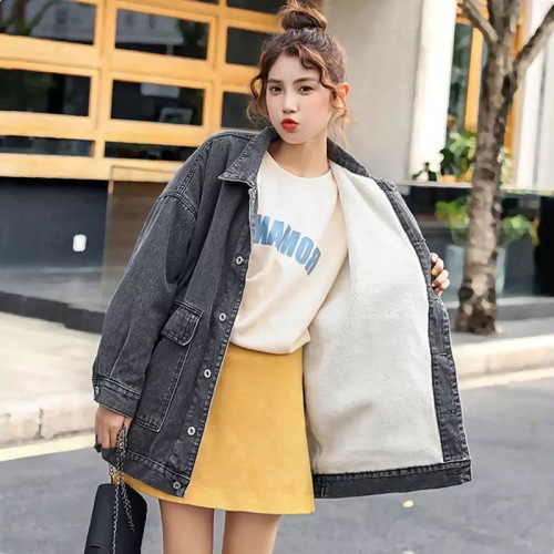 羊羔毛牛仔外套女加绒加厚秋冬季新款韩版学生港风工装夹克潮上衣
