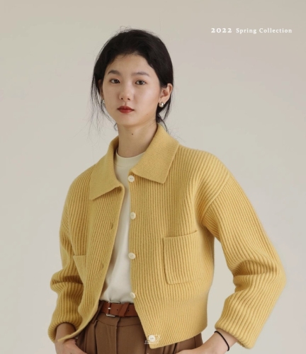 Korean style simple style apricot color Polo collar knitted cardigan for women autumn and winter design niche lazy style beautiful sweater