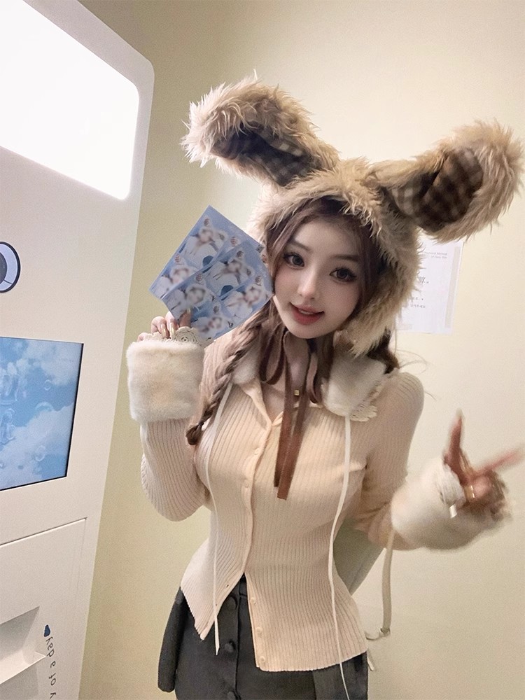 DoggyQin 栗啵啵cake/環保水貂毛領針織開衫女秋冬修身百搭上衣