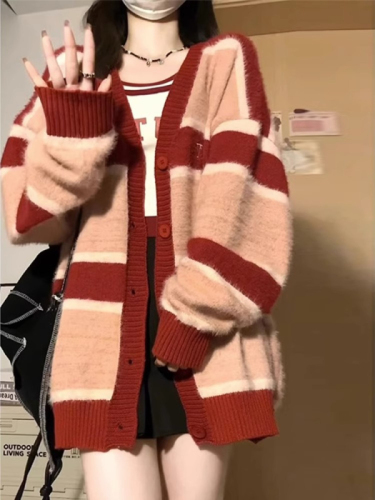  Autumn/Winter New Elegant Striped Color-block V-neck Knit Cardigan for Women Loose Slouchy Soft and Chewy Sweatshirt Outerwear