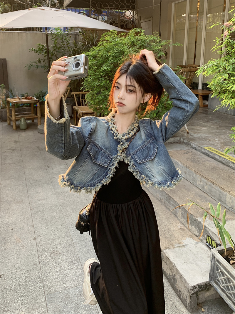 設計感毛邊流蘇短款牛仔外套背心連衣裙女秋季2023新款兩件套裝潮