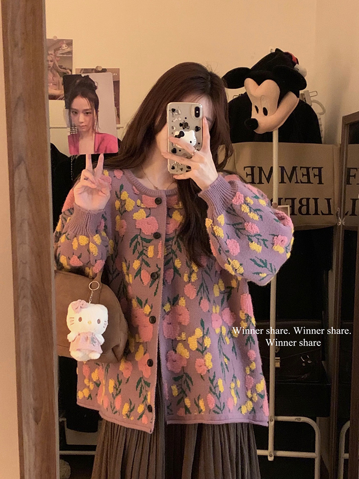 實拍~ 新款韓版寬鬆復古重工立體花朵加厚針織毛衣開衫外套女