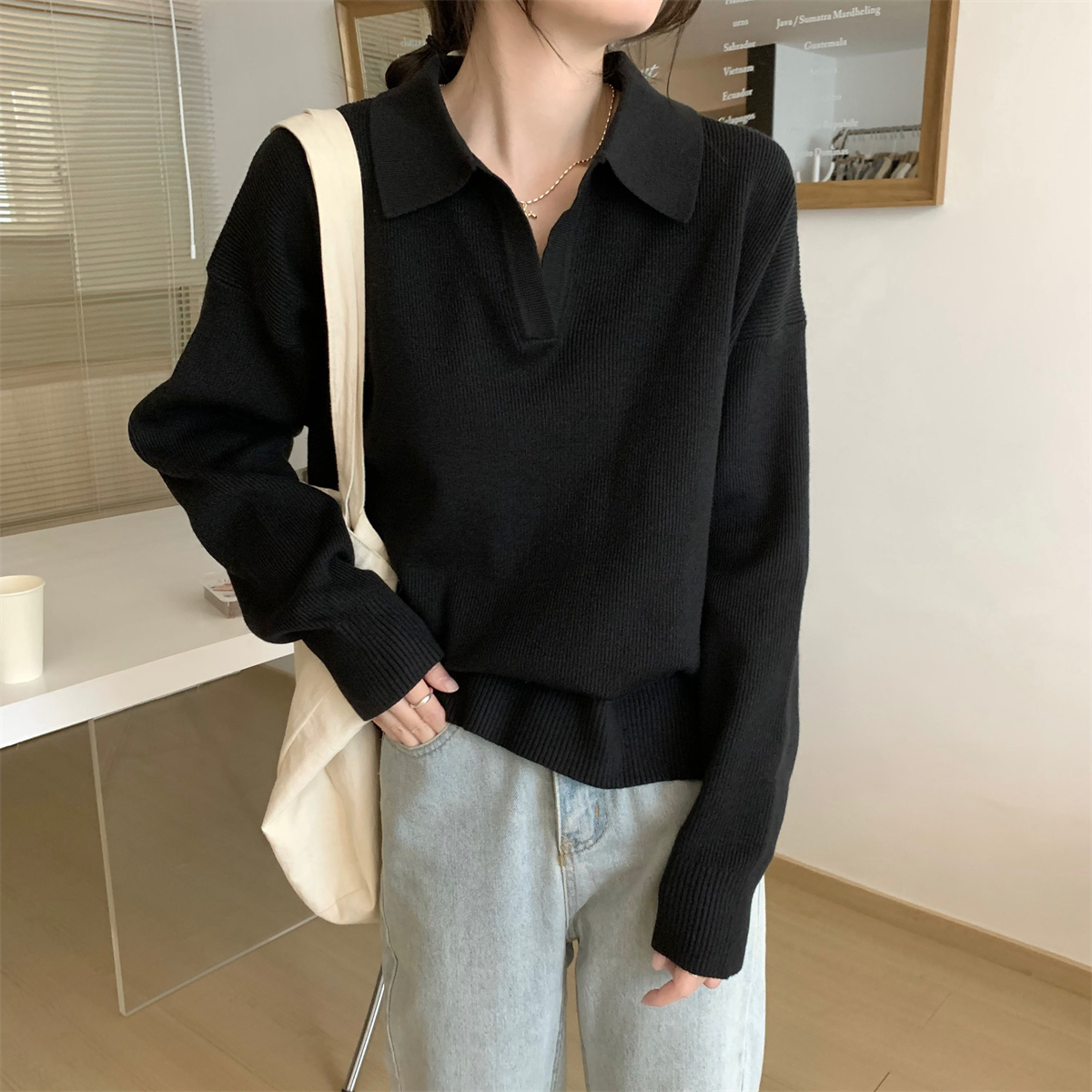 實拍 秋冬韓版寬鬆百搭氣質polo領安迪絨內搭針織打底女毛衣
