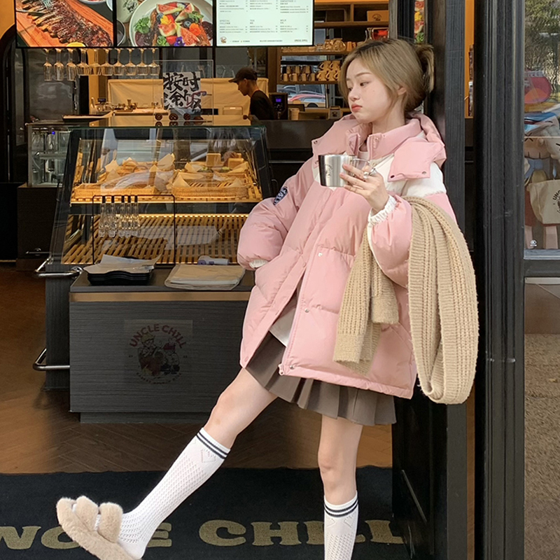 網圖撞色工裝2023新款羽絨棉服情侶短款學生外套拼色派克服女