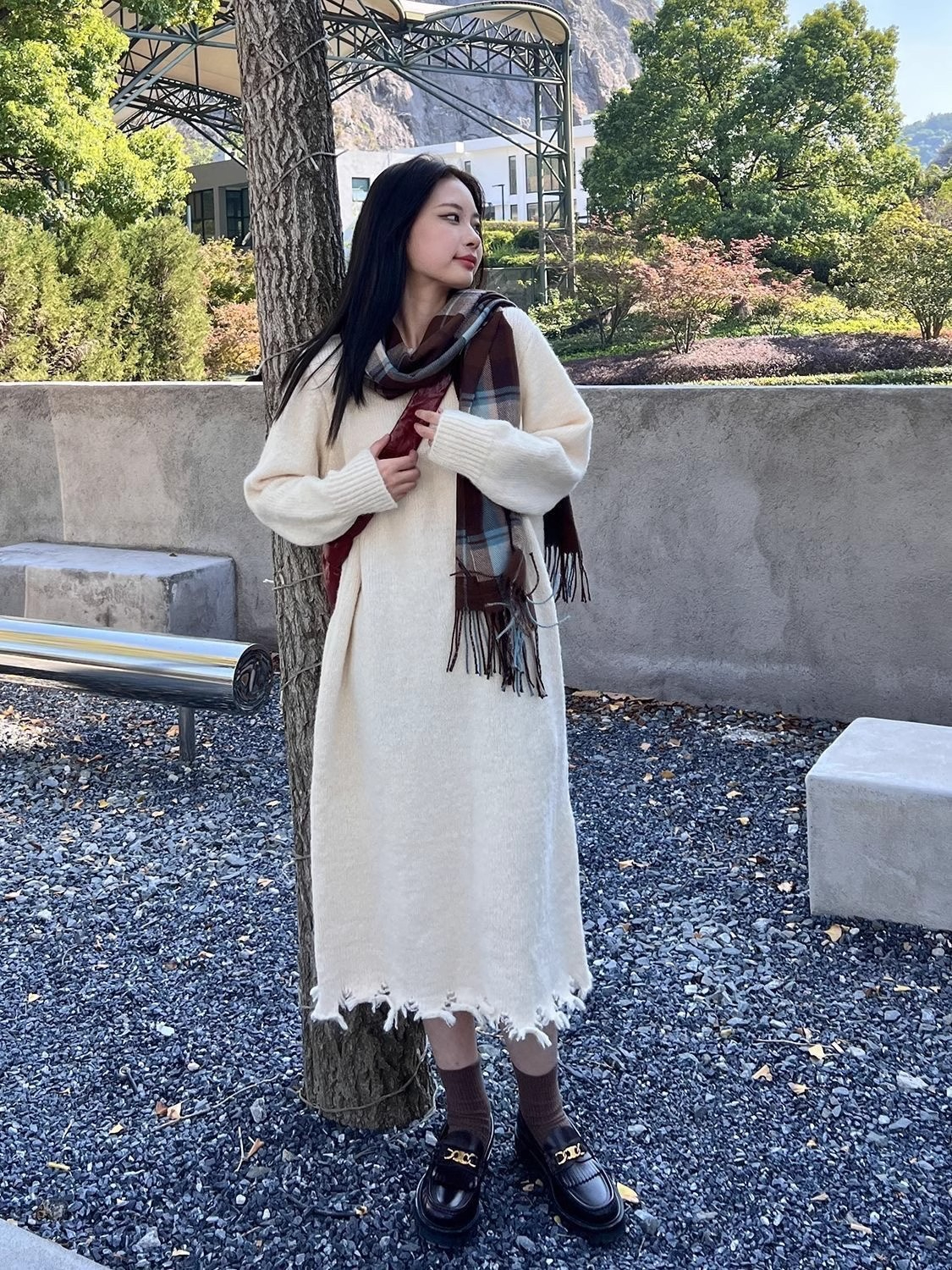 破邊流蘇針織連衣裙女2023新款秋冬韓版寬鬆中長款過膝毛衣裙內搭