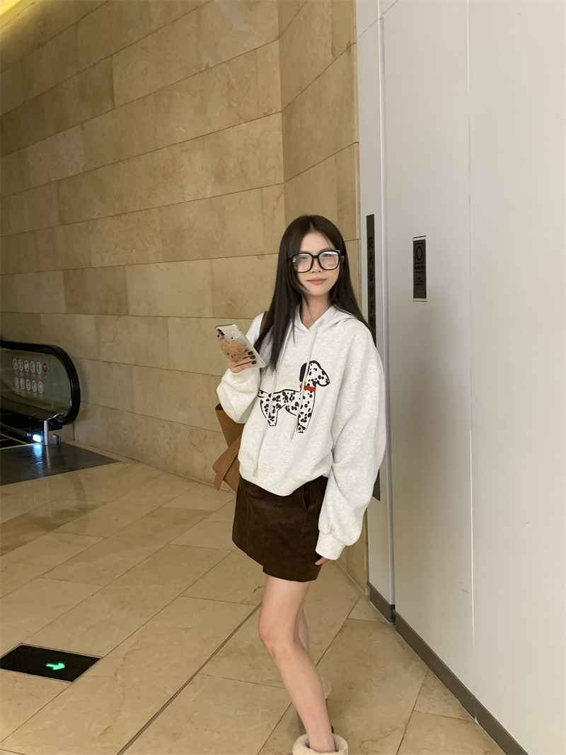 實拍 休閒連帽寬鬆斑點狗可愛印花百搭衛衣上衣女