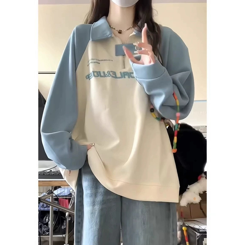 美式復古加絨設計感polo領衛衣女春秋慵懶風oversize薄款寬鬆上衣