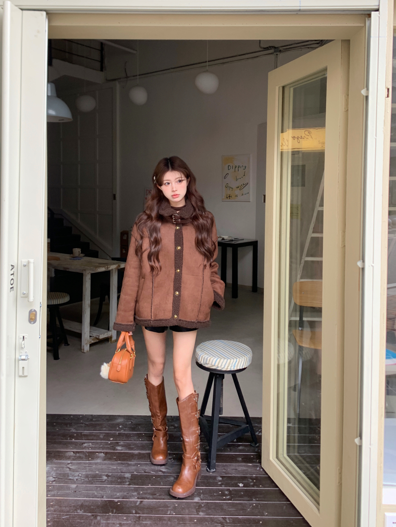 實拍 皮毛一體羊羔毛外套冬季小香風加絨加厚鹿皮絨機車服