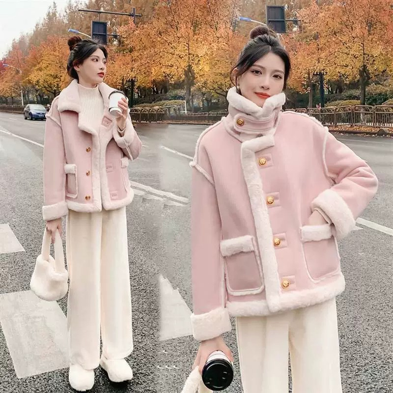 Plus velvet thickened cream texture small gold buckle fur one-piece velvet small fragrance style winter new fur jacket for women