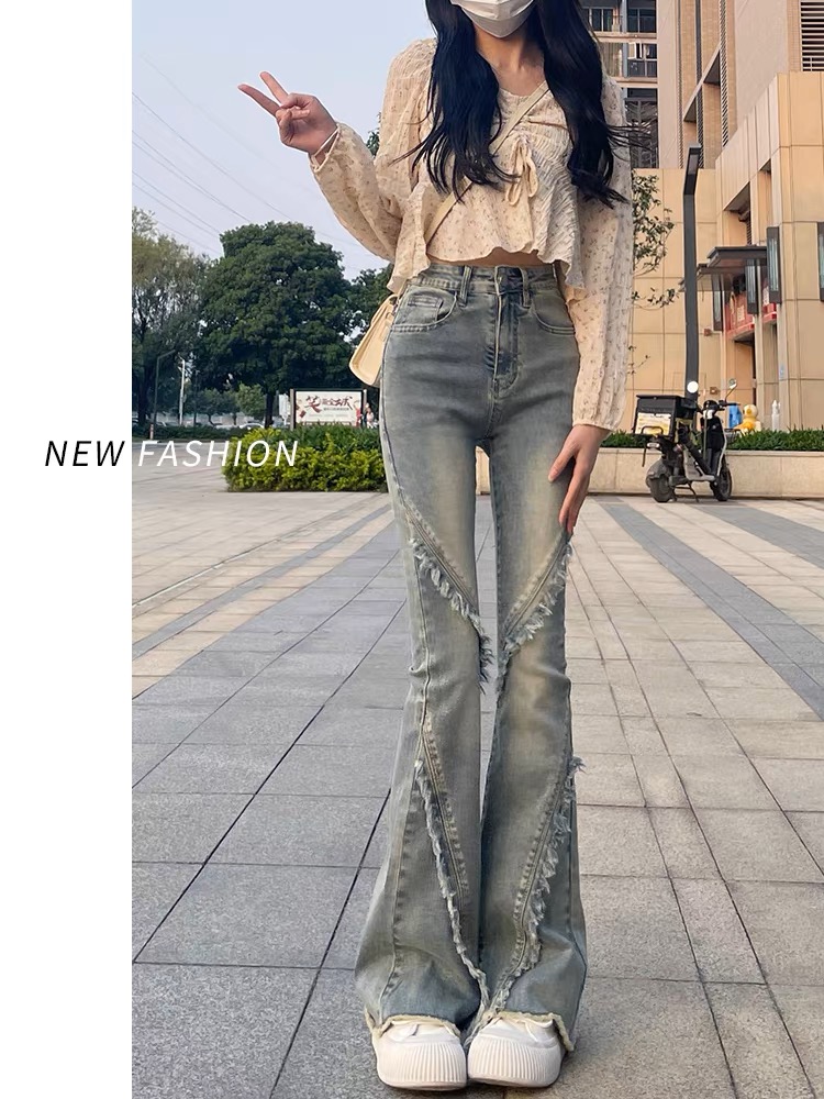 復古微喇牛仔褲女2023年新款美式毛邊馬蹄褲顯瘦高腰喇叭褲子秋季