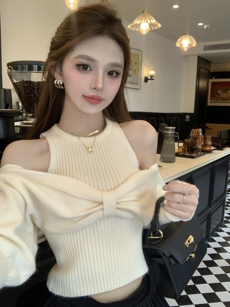 實拍 小心機露肩蝴蝶結小香風毛衣輕奢高級感內搭外穿針織衫女