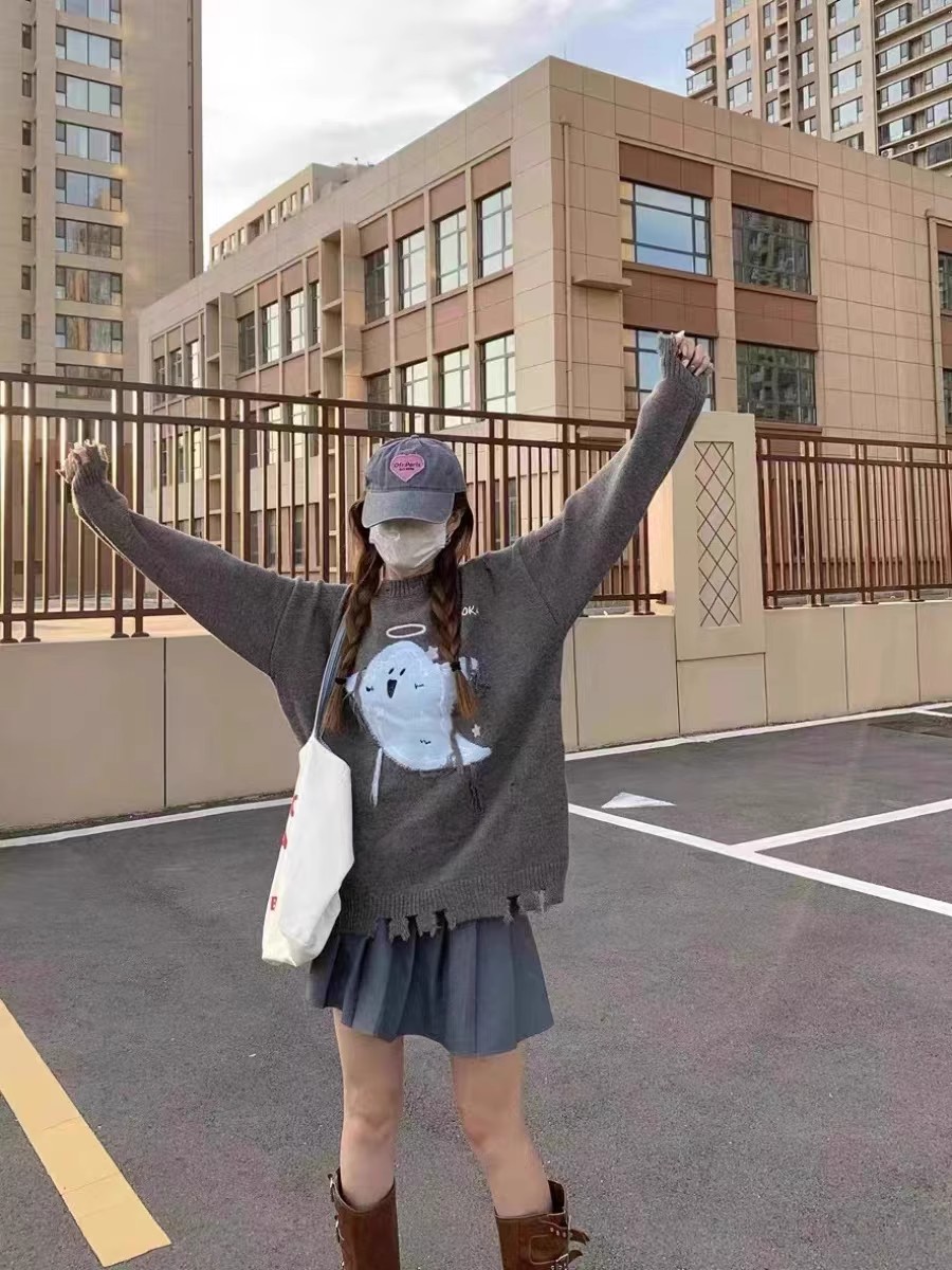 圓領套頭毛衣女秋冬新款寬鬆慵懶風小幽靈不規則小眾高級感外套上