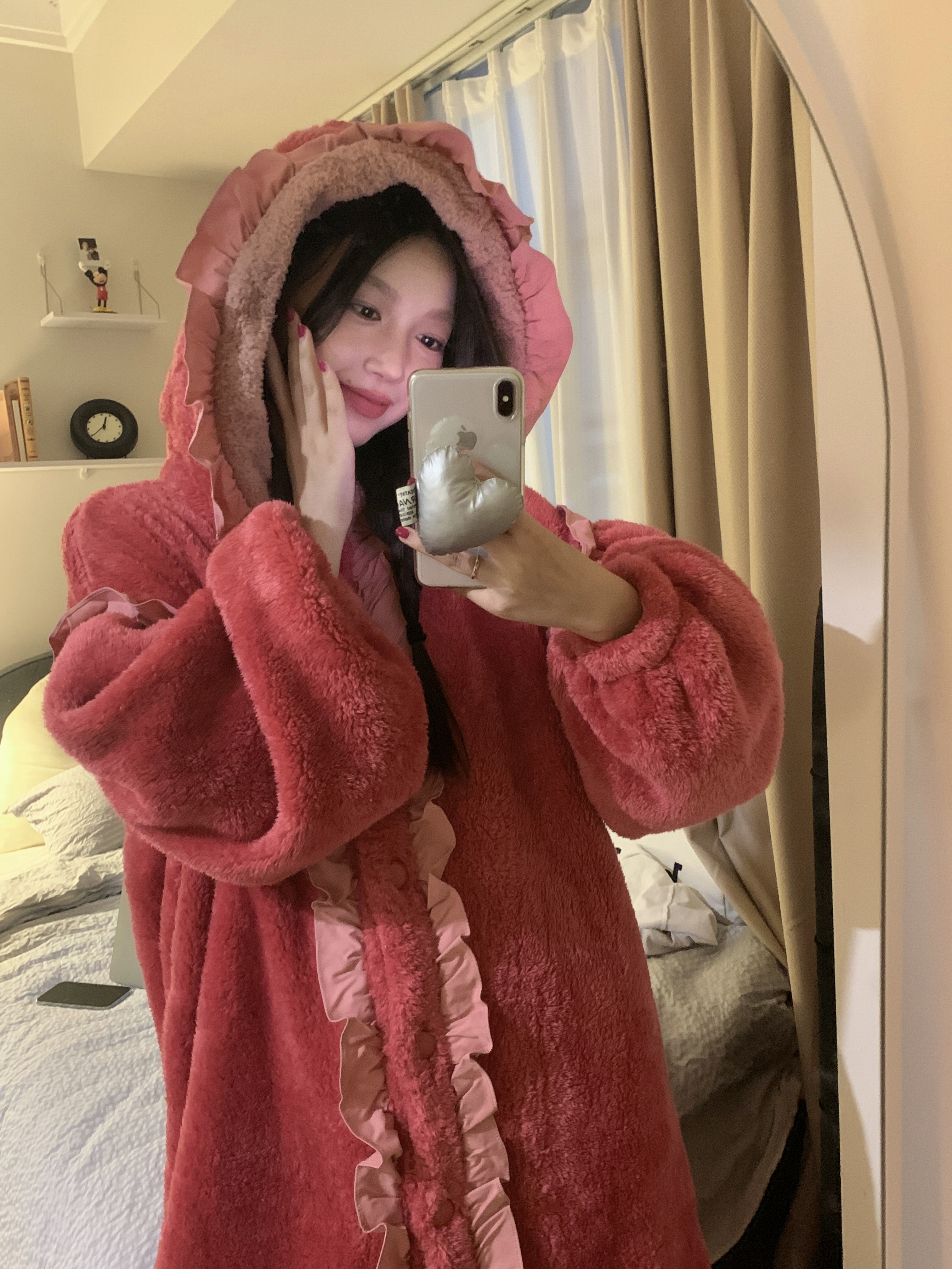 實拍韓版甜美公主冬季加厚保暖珊瑚絨蝴蝶寬鬆睡袍家居服套裝